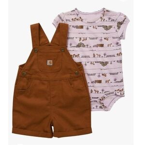 NWT Carhartt Baby Girls Horse Print Bodysuit & Brown Canvas Shortall Set 3M